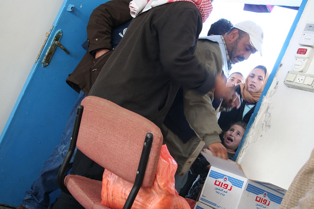 Food distribution at a UN shelter in Gaza